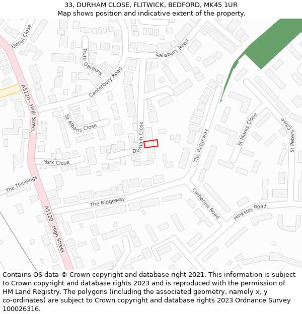 33, DURHAM CLOSE, FLITWICK, BEDFORD, MK45 1UR: Location map and indicative extent of plot