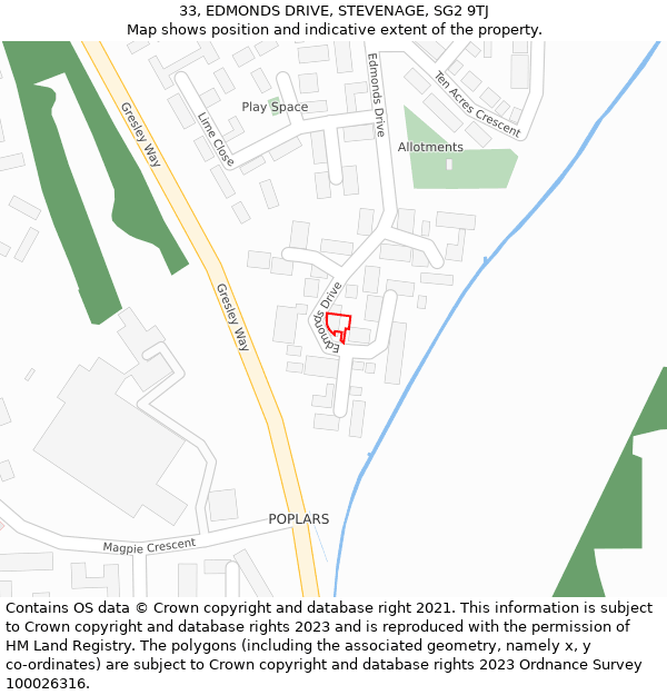 33, EDMONDS DRIVE, STEVENAGE, SG2 9TJ: Location map and indicative extent of plot