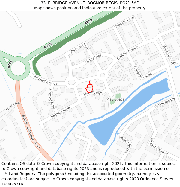 33, ELBRIDGE AVENUE, BOGNOR REGIS, PO21 5AD: Location map and indicative extent of plot