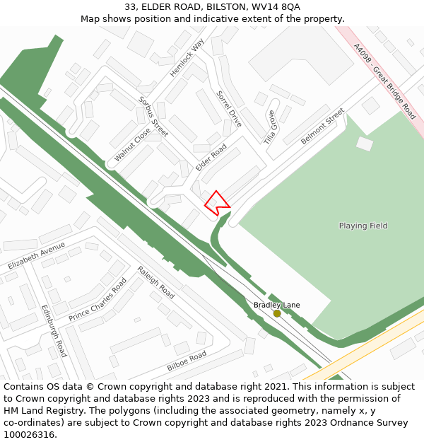 33, ELDER ROAD, BILSTON, WV14 8QA: Location map and indicative extent of plot