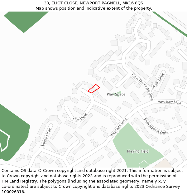 33, ELIOT CLOSE, NEWPORT PAGNELL, MK16 8QS: Location map and indicative extent of plot