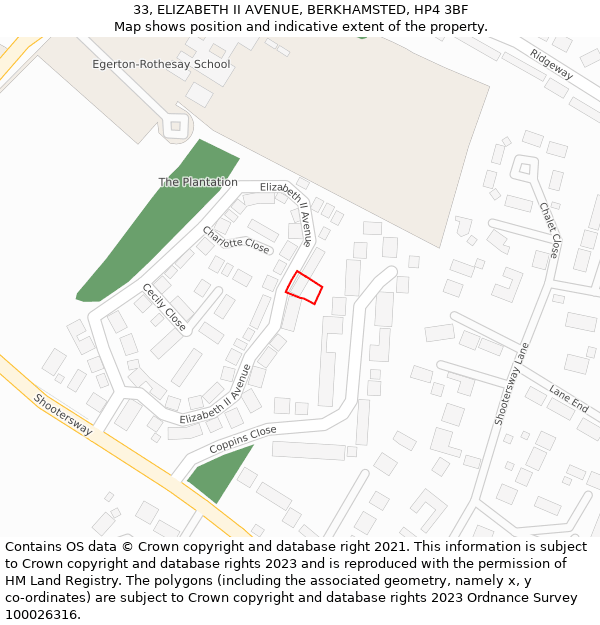 33, ELIZABETH II AVENUE, BERKHAMSTED, HP4 3BF: Location map and indicative extent of plot