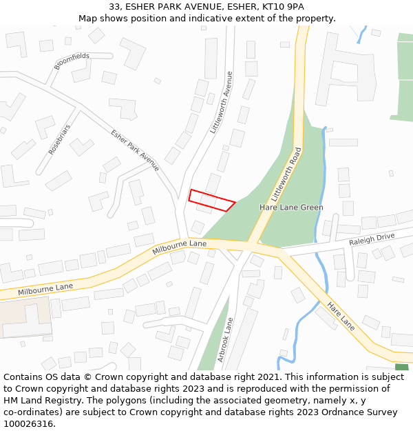 33, ESHER PARK AVENUE, ESHER, KT10 9PA: Location map and indicative extent of plot