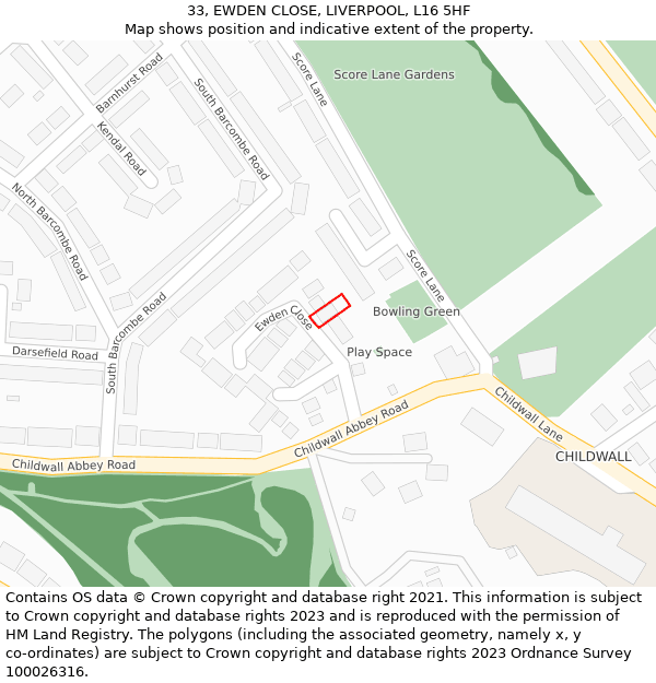 33, EWDEN CLOSE, LIVERPOOL, L16 5HF: Location map and indicative extent of plot