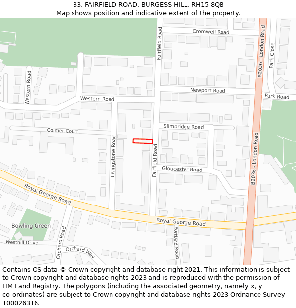 33, FAIRFIELD ROAD, BURGESS HILL, RH15 8QB: Location map and indicative extent of plot