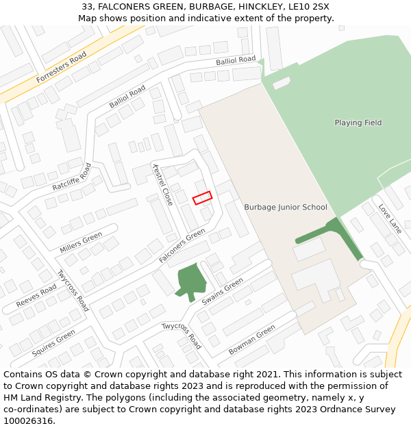 33, FALCONERS GREEN, BURBAGE, HINCKLEY, LE10 2SX: Location map and indicative extent of plot