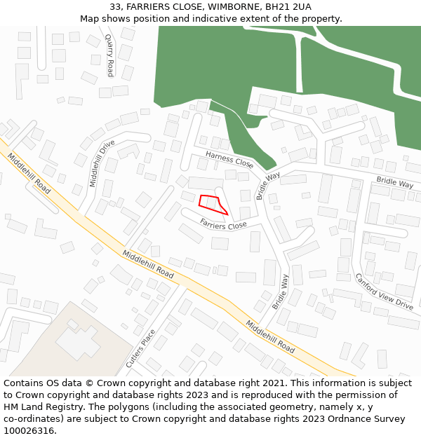 33, FARRIERS CLOSE, WIMBORNE, BH21 2UA: Location map and indicative extent of plot