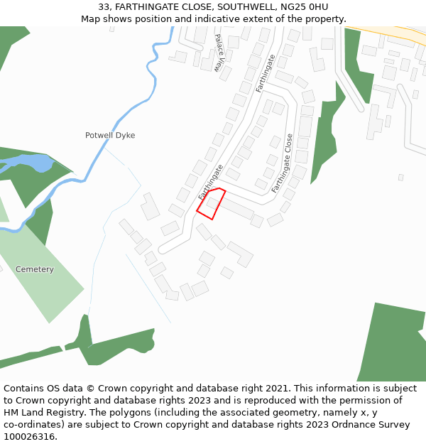 33, FARTHINGATE CLOSE, SOUTHWELL, NG25 0HU: Location map and indicative extent of plot
