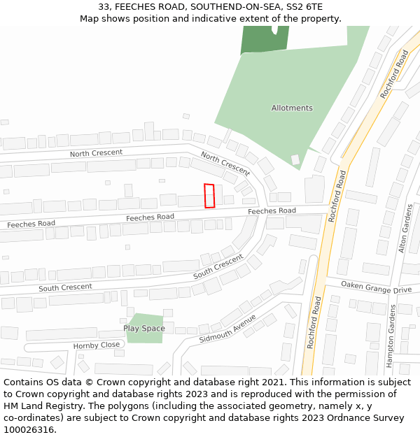 33, FEECHES ROAD, SOUTHEND-ON-SEA, SS2 6TE: Location map and indicative extent of plot