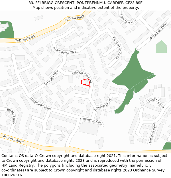 33, FELBRIGG CRESCENT, PONTPRENNAU, CARDIFF, CF23 8SE: Location map and indicative extent of plot