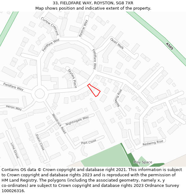 33, FIELDFARE WAY, ROYSTON, SG8 7XR: Location map and indicative extent of plot