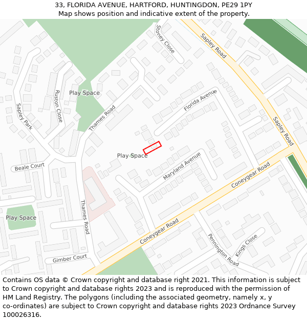 33, FLORIDA AVENUE, HARTFORD, HUNTINGDON, PE29 1PY: Location map and indicative extent of plot