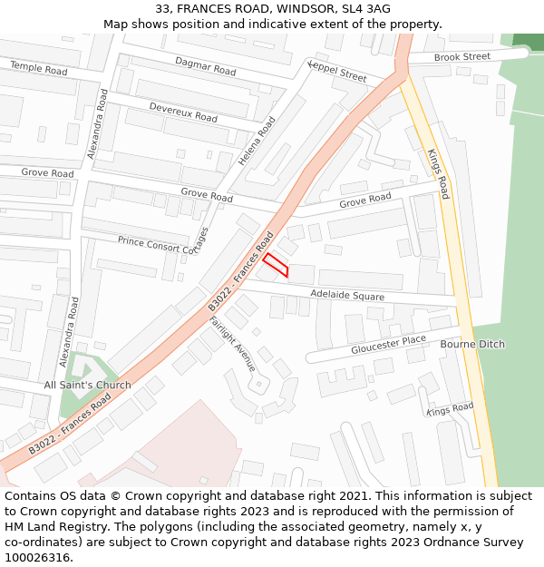 33, FRANCES ROAD, WINDSOR, SL4 3AG: Location map and indicative extent of plot