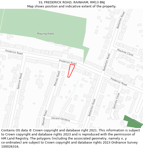 33, FREDERICK ROAD, RAINHAM, RM13 8NJ: Location map and indicative extent of plot