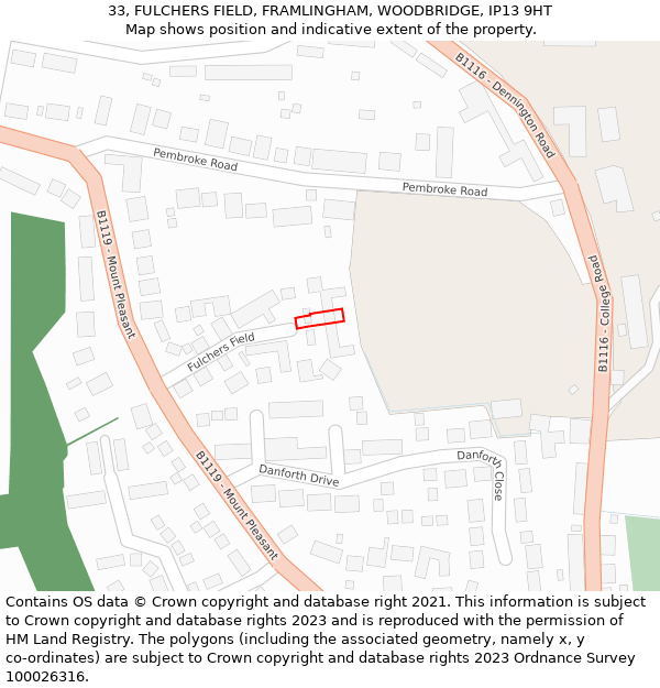 33, FULCHERS FIELD, FRAMLINGHAM, WOODBRIDGE, IP13 9HT: Location map and indicative extent of plot