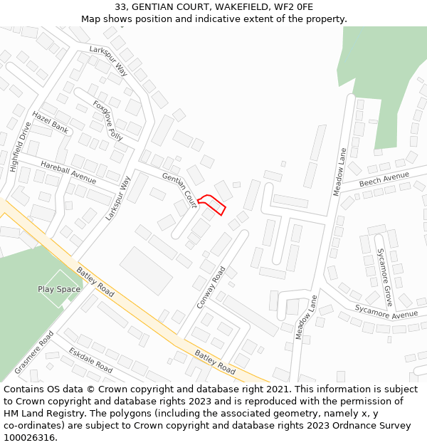 33, GENTIAN COURT, WAKEFIELD, WF2 0FE: Location map and indicative extent of plot