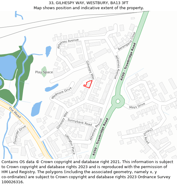 33, GILHESPY WAY, WESTBURY, BA13 3FT: Location map and indicative extent of plot