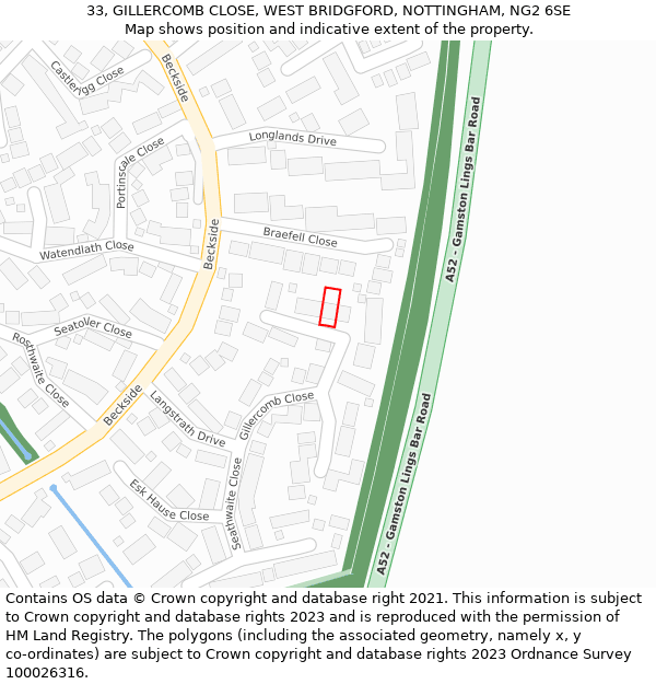 33, GILLERCOMB CLOSE, WEST BRIDGFORD, NOTTINGHAM, NG2 6SE: Location map and indicative extent of plot
