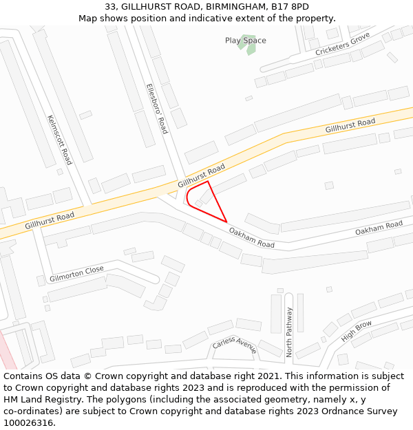 33, GILLHURST ROAD, BIRMINGHAM, B17 8PD: Location map and indicative extent of plot