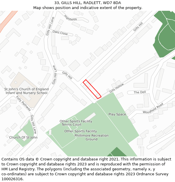 33, GILLS HILL, RADLETT, WD7 8DA: Location map and indicative extent of plot