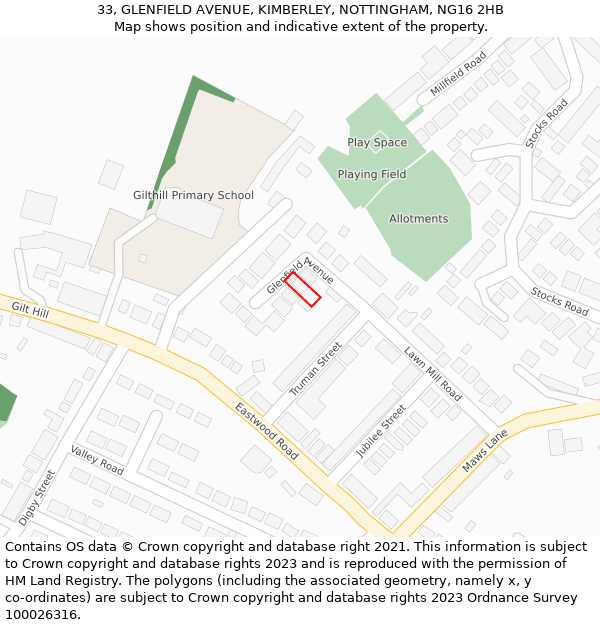 33, GLENFIELD AVENUE, KIMBERLEY, NOTTINGHAM, NG16 2HB: Location map and indicative extent of plot