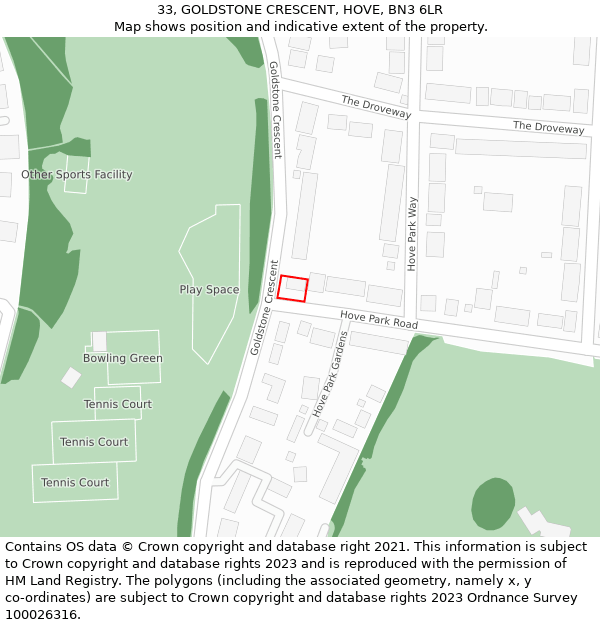 33, GOLDSTONE CRESCENT, HOVE, BN3 6LR: Location map and indicative extent of plot