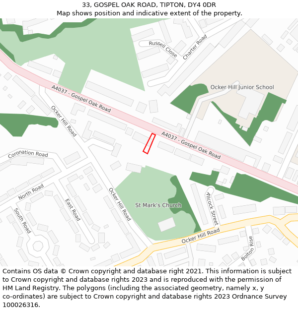 33, GOSPEL OAK ROAD, TIPTON, DY4 0DR: Location map and indicative extent of plot