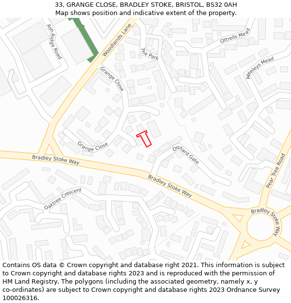 33, GRANGE CLOSE, BRADLEY STOKE, BRISTOL, BS32 0AH: Location map and indicative extent of plot