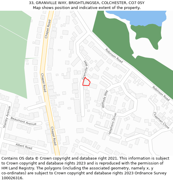 33, GRANVILLE WAY, BRIGHTLINGSEA, COLCHESTER, CO7 0SY: Location map and indicative extent of plot