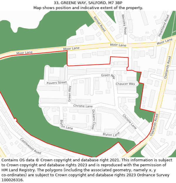 33, GREENE WAY, SALFORD, M7 3BP: Location map and indicative extent of plot