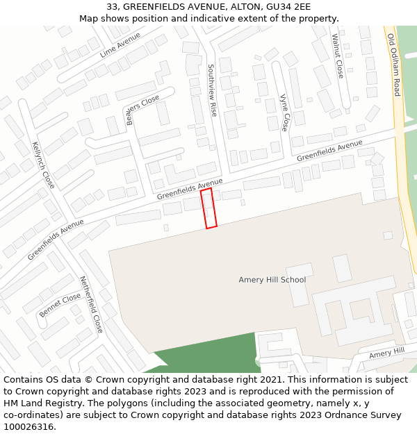 33, GREENFIELDS AVENUE, ALTON, GU34 2EE: Location map and indicative extent of plot