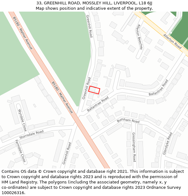 33, GREENHILL ROAD, MOSSLEY HILL, LIVERPOOL, L18 6JJ: Location map and indicative extent of plot