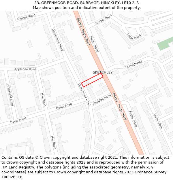 33, GREENMOOR ROAD, BURBAGE, HINCKLEY, LE10 2LS: Location map and indicative extent of plot