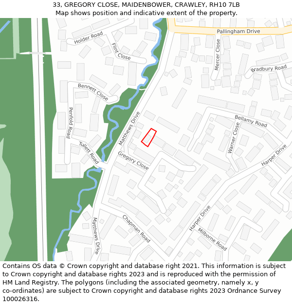 33, GREGORY CLOSE, MAIDENBOWER, CRAWLEY, RH10 7LB: Location map and indicative extent of plot