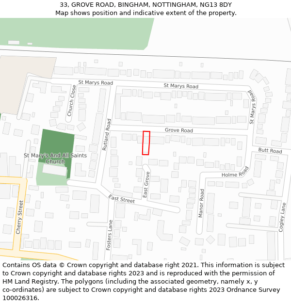 33, GROVE ROAD, BINGHAM, NOTTINGHAM, NG13 8DY: Location map and indicative extent of plot
