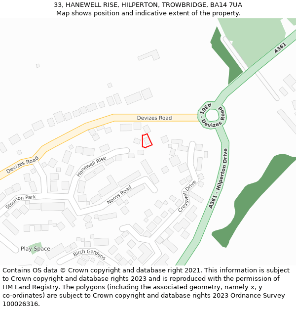 33, HANEWELL RISE, HILPERTON, TROWBRIDGE, BA14 7UA: Location map and indicative extent of plot