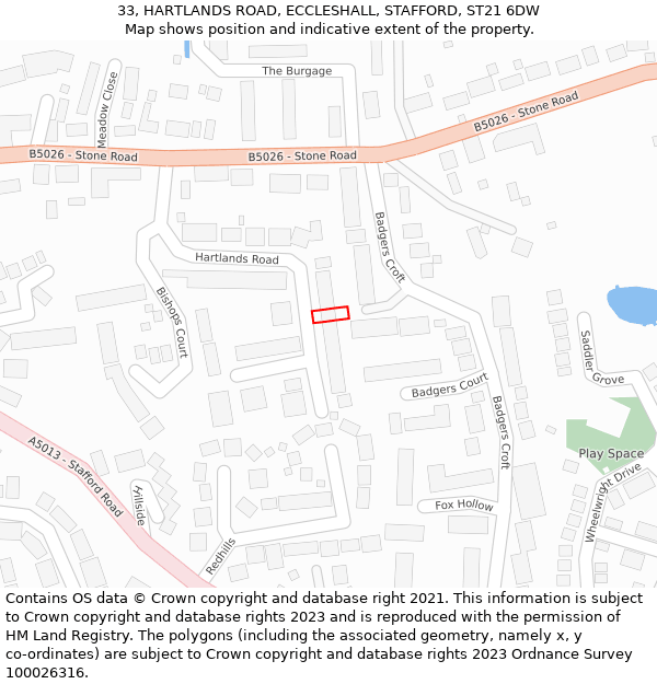 33, HARTLANDS ROAD, ECCLESHALL, STAFFORD, ST21 6DW: Location map and indicative extent of plot