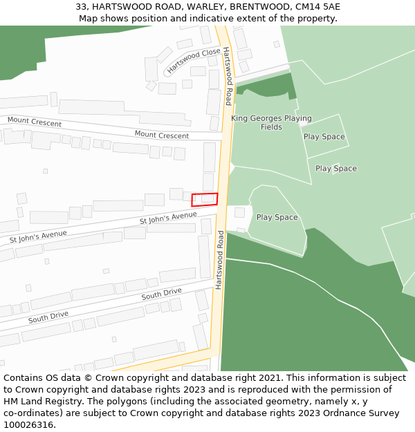 33, HARTSWOOD ROAD, WARLEY, BRENTWOOD, CM14 5AE: Location map and indicative extent of plot