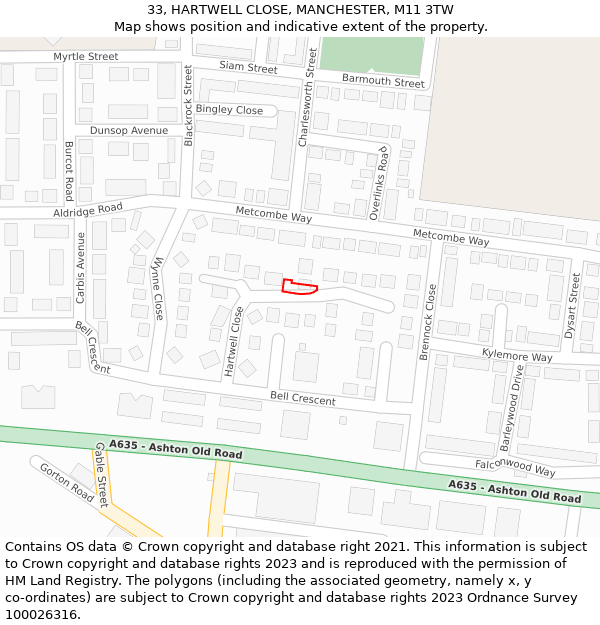 33, HARTWELL CLOSE, MANCHESTER, M11 3TW: Location map and indicative extent of plot