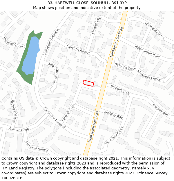 33, HARTWELL CLOSE, SOLIHULL, B91 3YP: Location map and indicative extent of plot