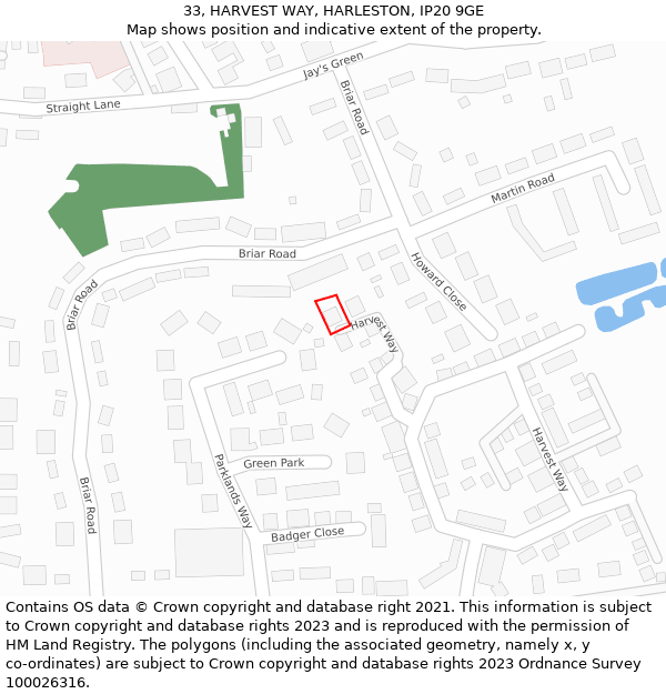 33, HARVEST WAY, HARLESTON, IP20 9GE: Location map and indicative extent of plot