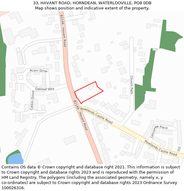 33, HAVANT ROAD, HORNDEAN, WATERLOOVILLE, PO8 0DB: Location map and indicative extent of plot
