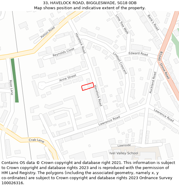 33, HAVELOCK ROAD, BIGGLESWADE, SG18 0DB: Location map and indicative extent of plot