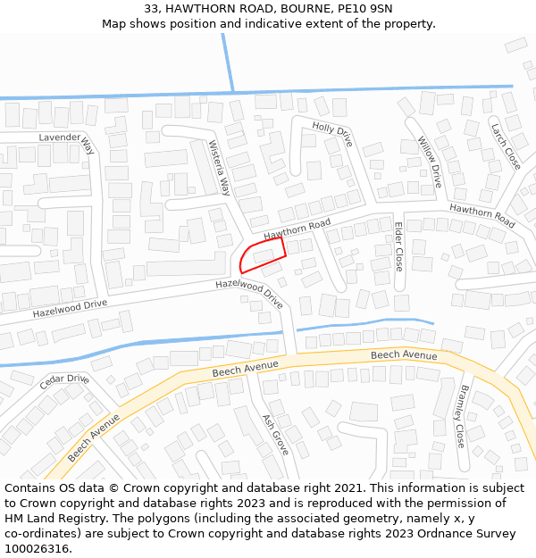 33, HAWTHORN ROAD, BOURNE, PE10 9SN: Location map and indicative extent of plot