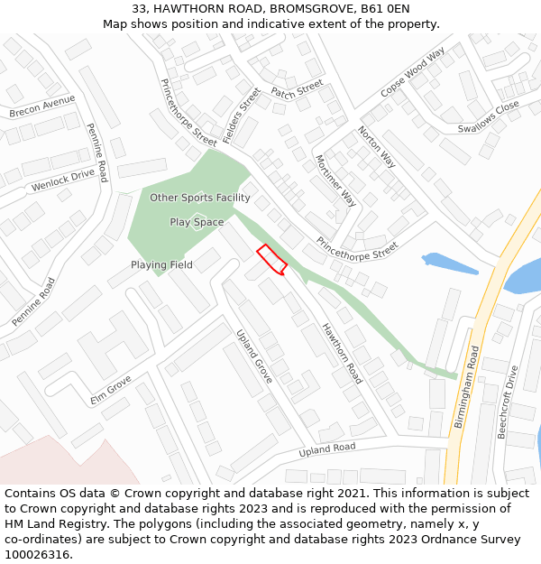 33, HAWTHORN ROAD, BROMSGROVE, B61 0EN: Location map and indicative extent of plot