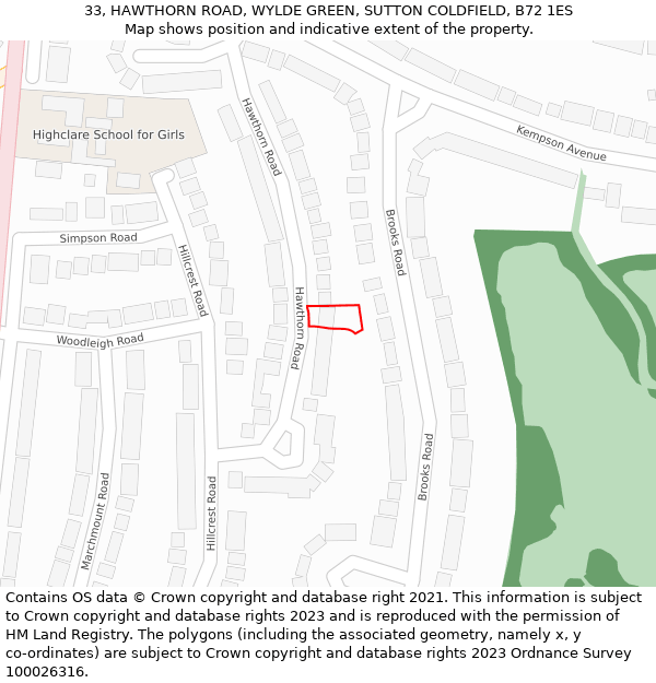 33, HAWTHORN ROAD, WYLDE GREEN, SUTTON COLDFIELD, B72 1ES: Location map and indicative extent of plot