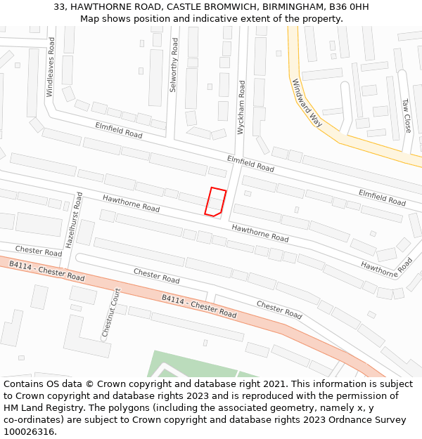 33, HAWTHORNE ROAD, CASTLE BROMWICH, BIRMINGHAM, B36 0HH: Location map and indicative extent of plot