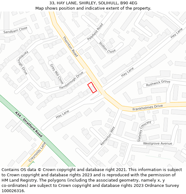 33, HAY LANE, SHIRLEY, SOLIHULL, B90 4EG: Location map and indicative extent of plot