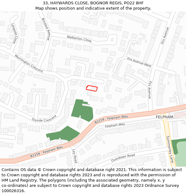 33, HAYWARDS CLOSE, BOGNOR REGIS, PO22 8HF: Location map and indicative extent of plot