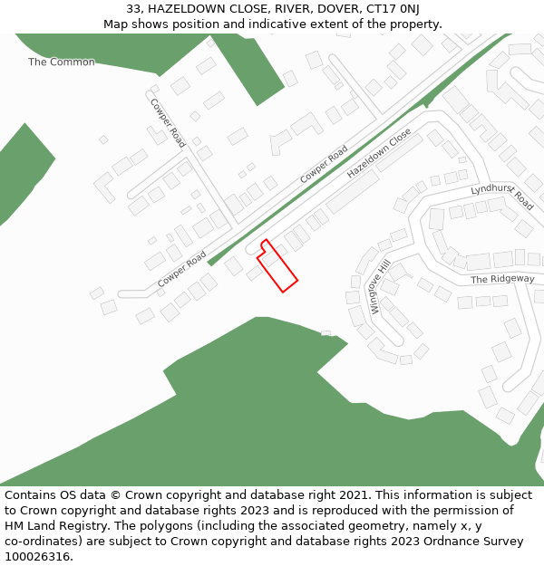 33, HAZELDOWN CLOSE, RIVER, DOVER, CT17 0NJ: Location map and indicative extent of plot